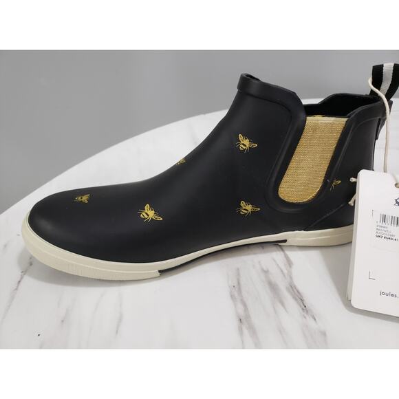 NEW WITH TAGS NO BOX - Joules Right As Rain Ankle Boots Gold Bee Black Slip On - Picture 4 of 7